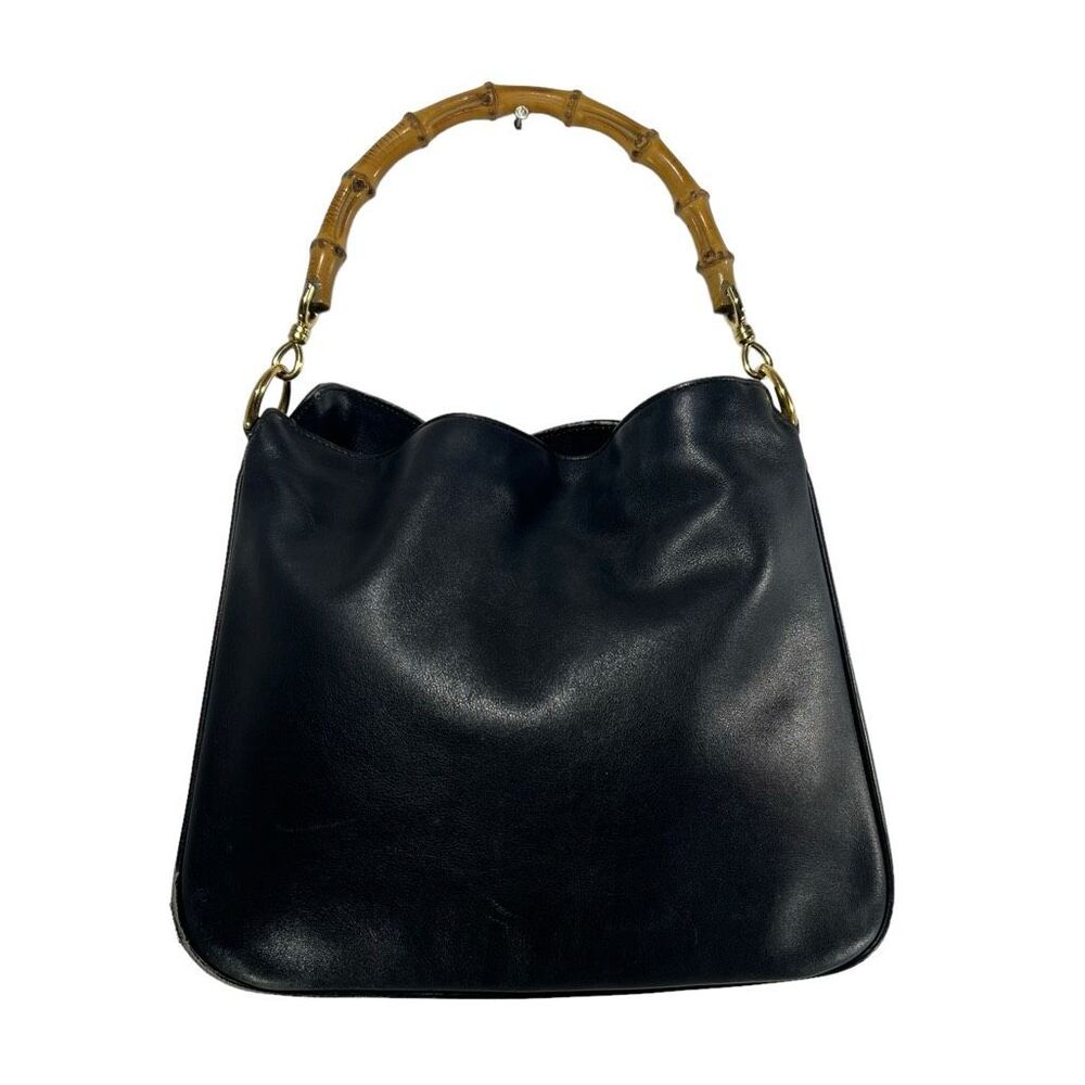 Gucci Black Leather Authentic Bamboo Top Handle Handbag
